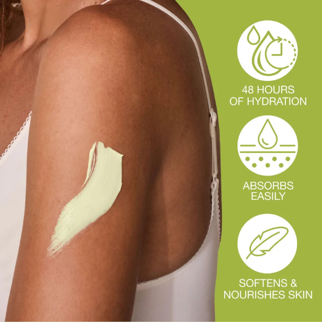 A close-up of a person's upper arm with a swatch of pale yellow-green sunscreen cream applied, alongside a green panel with product benefits including 48 hours of hydration, easy absorption, and softening nourishment for the skin.