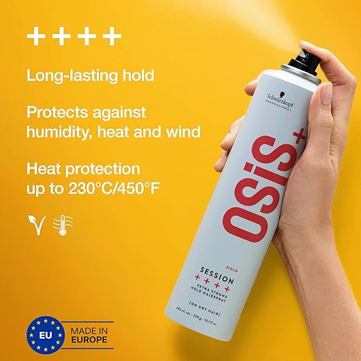 OSIS hair spray can held by a hand with product features on a yellow background