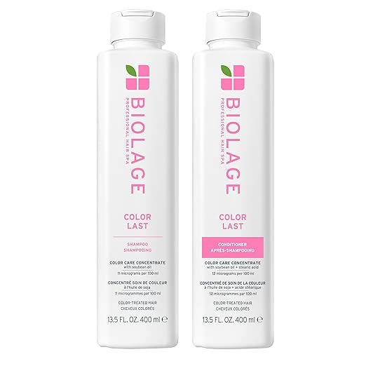 Two Biolage Color Last shampoo and conditioner bottles on a white background