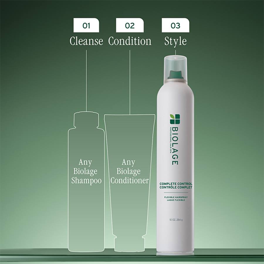 A white canister of BIOLAGE Complete Control Control Complet hair product stands on a green gradient background, with three labeled silhouettes beside it for Cleanse, Condition, and Style.