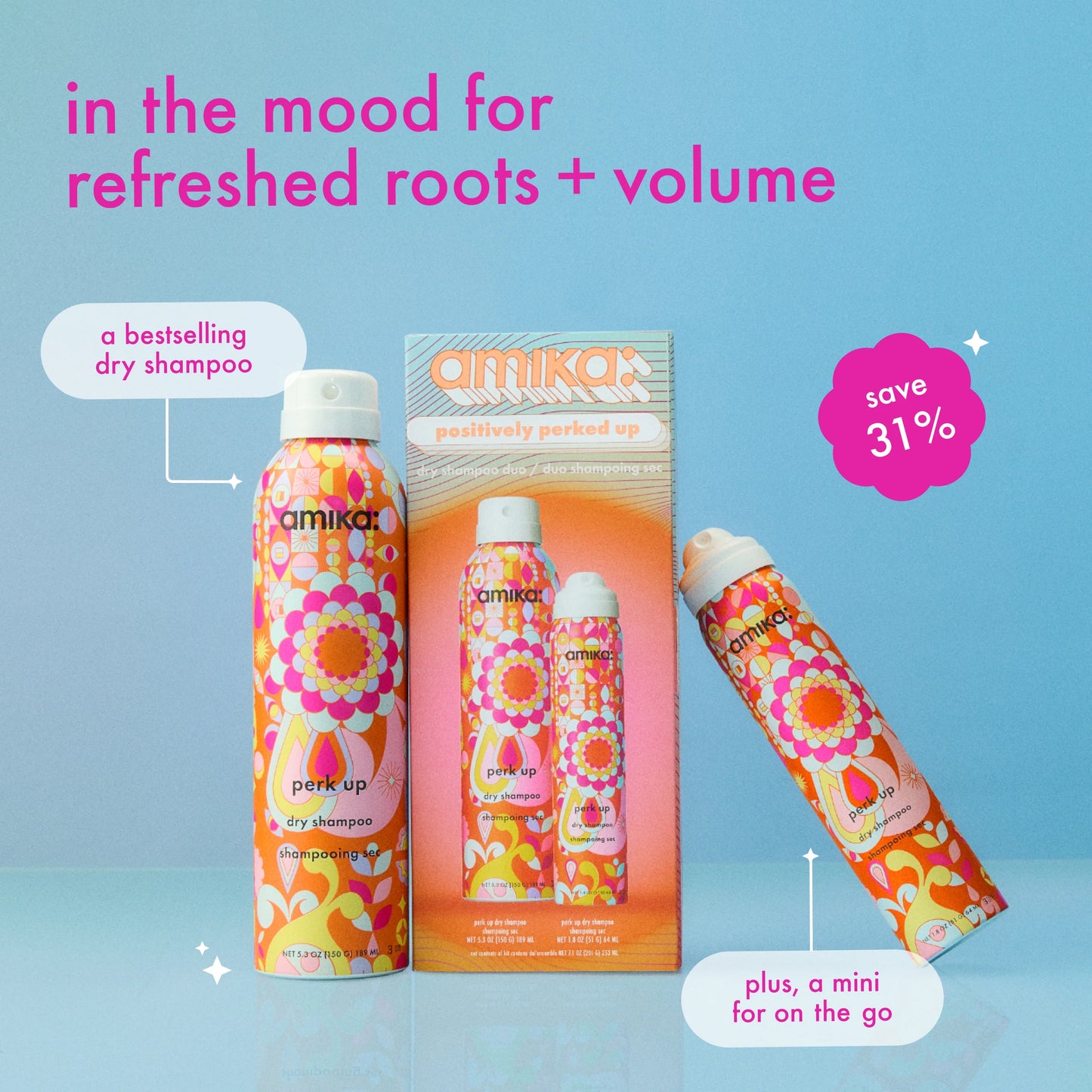 Amika dry shampoo set with colorful packaging on a blue background