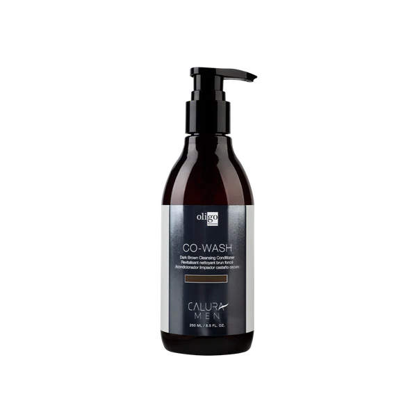 Bottle of Caluro Men Co-Wash dark brown on a white background