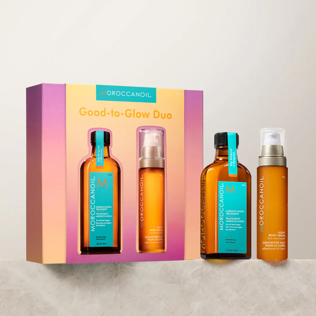 Moroccanoil Good-to-Glow Duo set with packaging on a light gray background