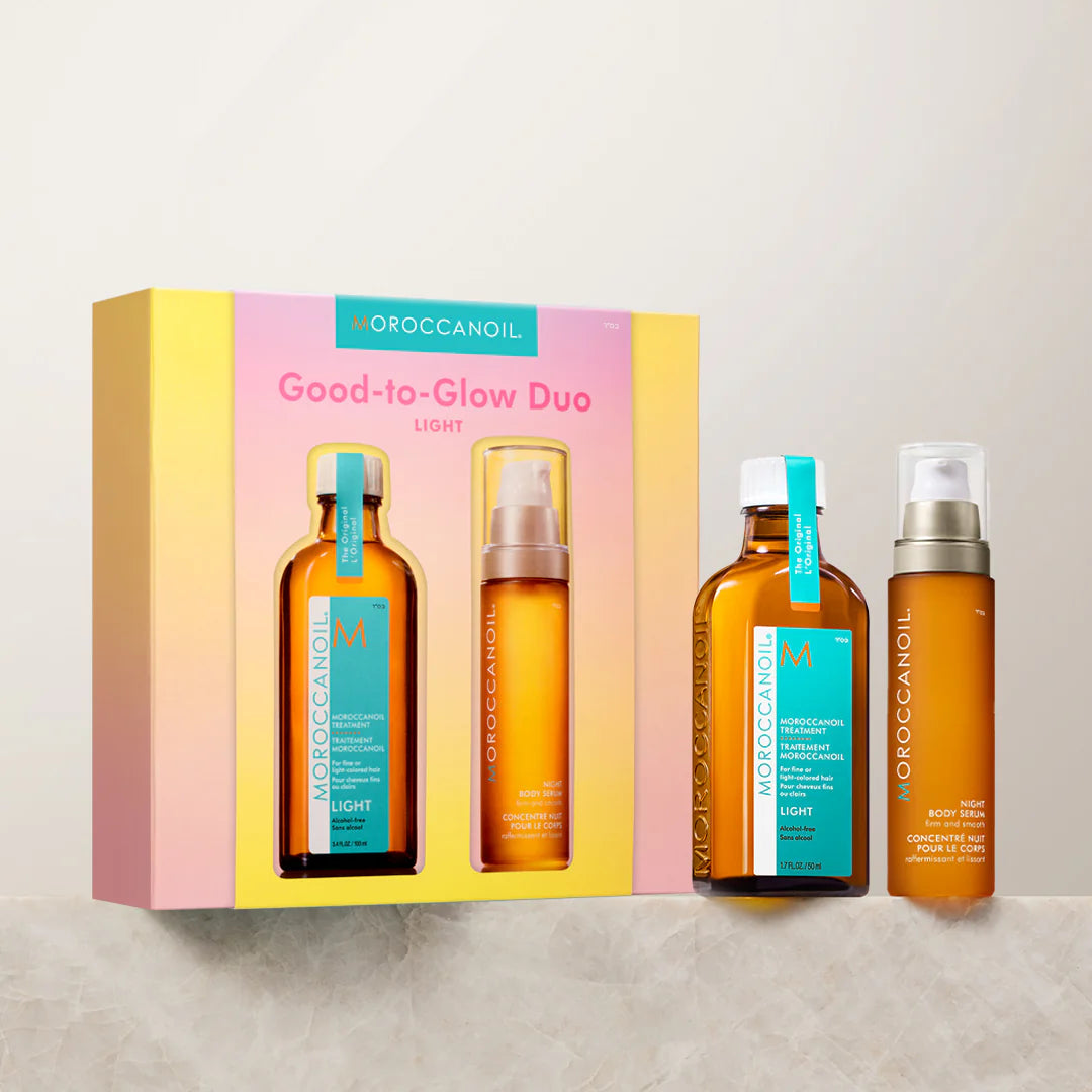Moroccanoil Good-to-Glow Duo set with bottles and packaging on a light background