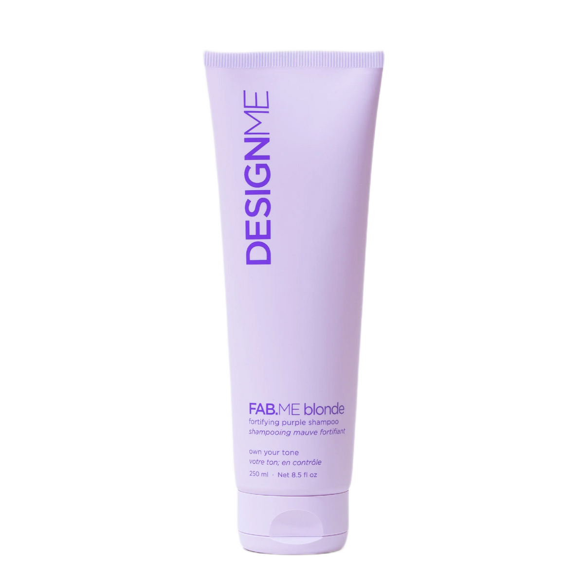 A lavender purple tube of DesignMe Fab+Me Blonde Shining Hair Conditioner on a solid white background.
