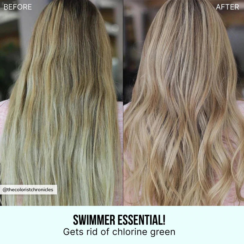 Color Wow deam filter demonstrates before and after with chlorine residue on blonde hair