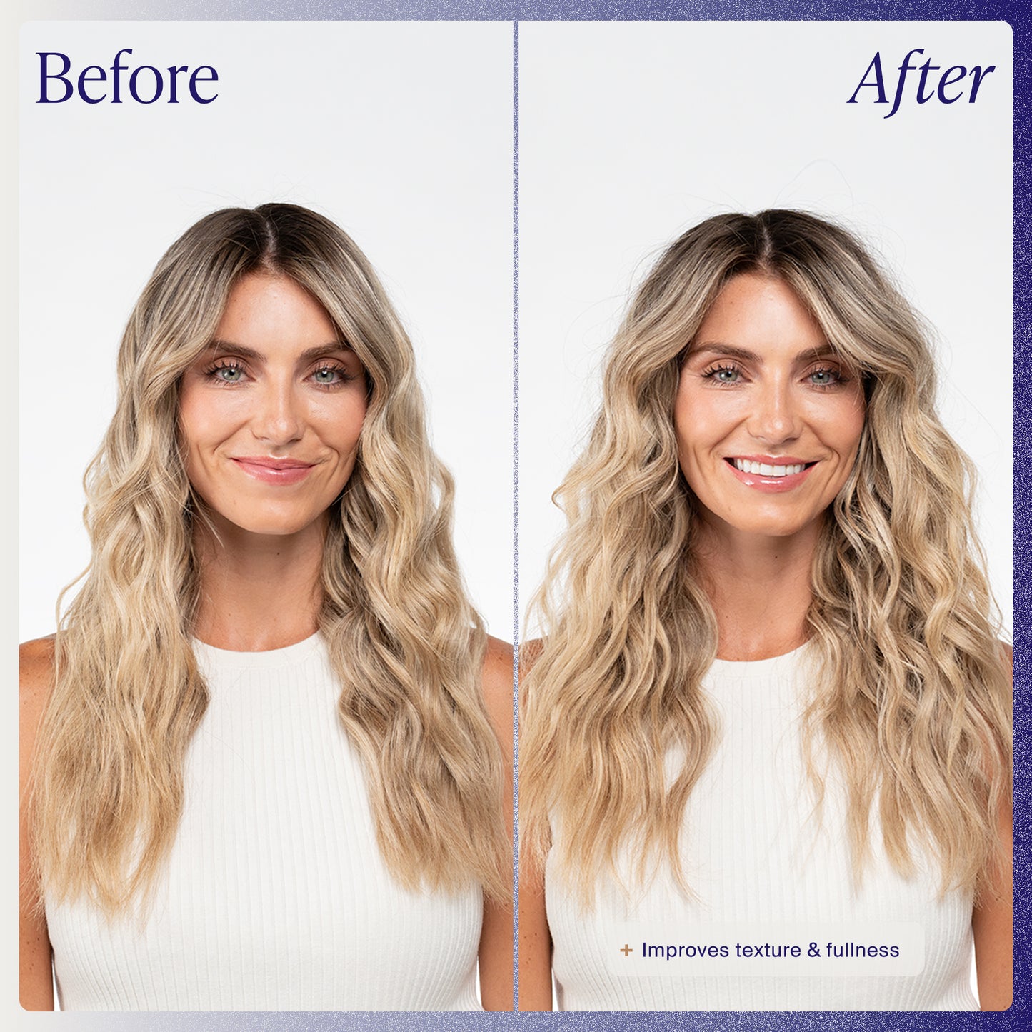 Before and after comparison of a woman with long, wavy hair on a white background.