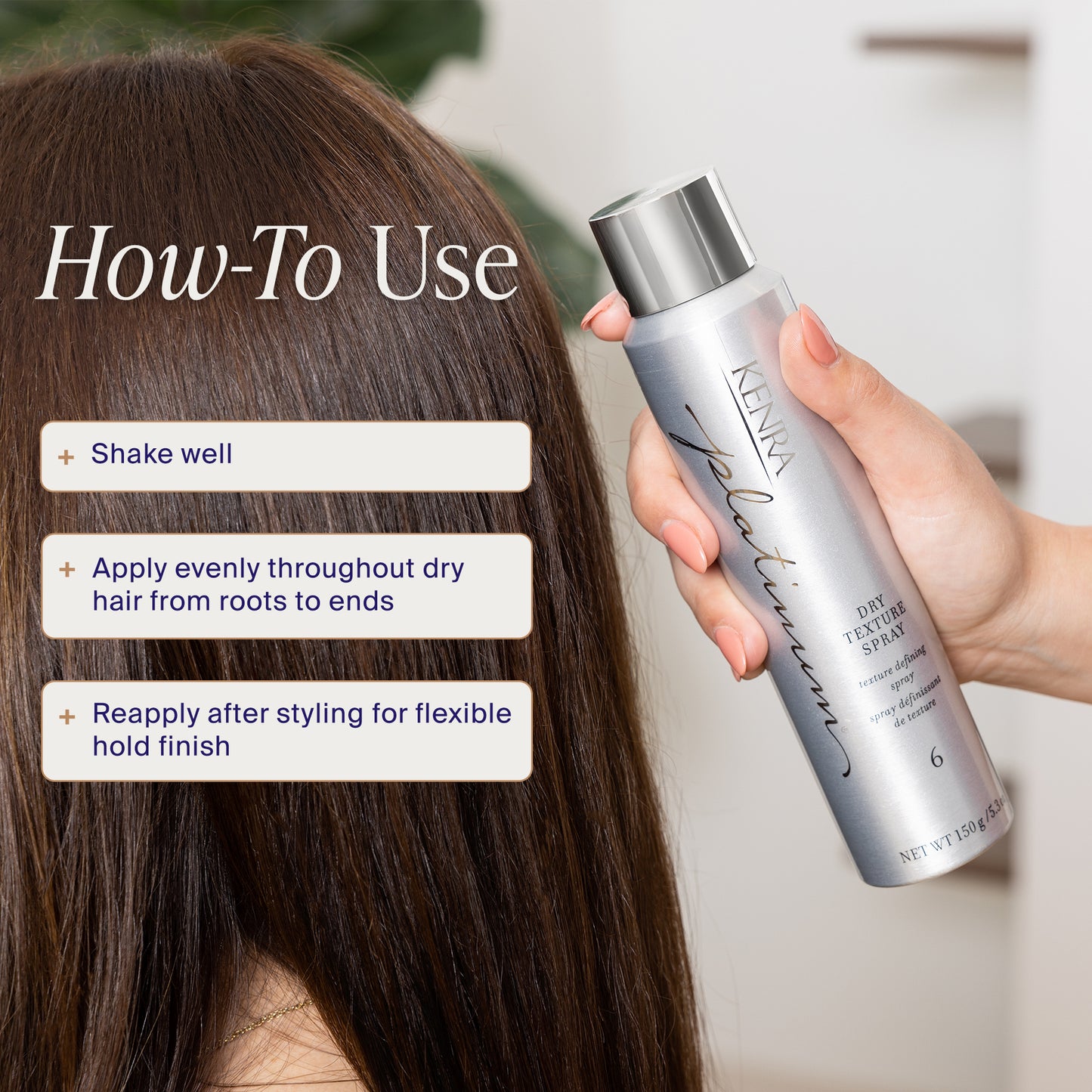 Person holding a bottle of KMS California hair product with text on how to use it.