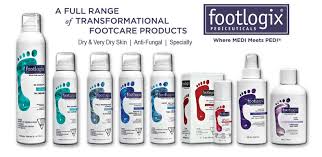 Footlogix foot care product lineup with branding and product names.