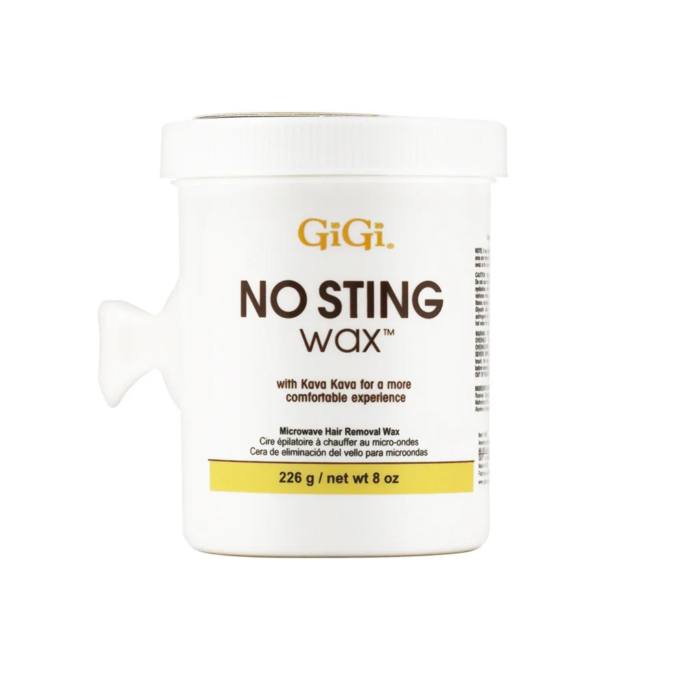 GiGi No Sting Wax microwaves hair removal wax in a white plastic tub with a fish-shaped applicator spout, featuring a yellow and brown label.