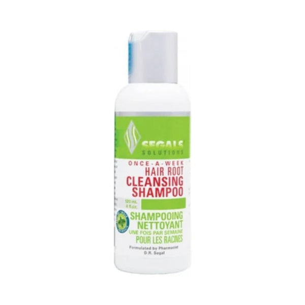 A white bottle of Green's Solution Once-a-Week Hair Root Cleansing Shampoo with a green and white label, shown against a plain white background.