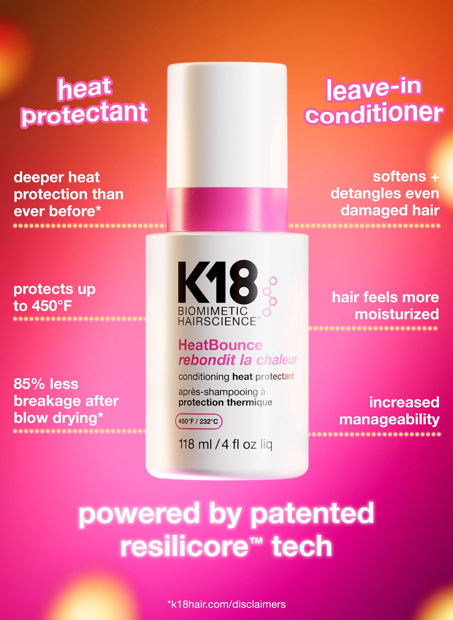 K18 leave-in conditioner bottle with promotional text on a colorful background