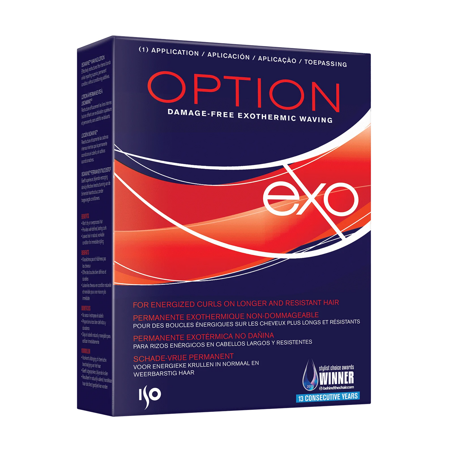 A product box for EXO Option Damage-Free Exothermic Waving, featuring a dark navy blue background with red and white graphic elements and text.