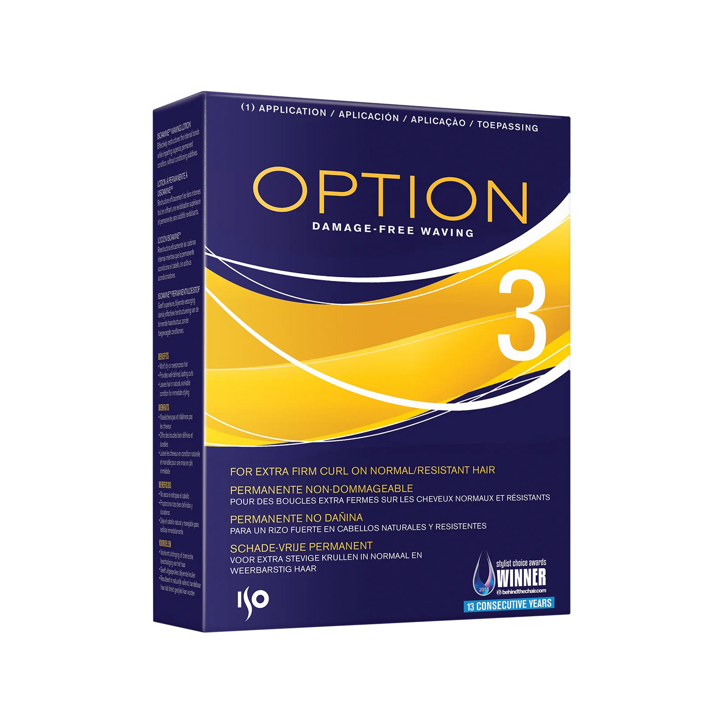 A box of Option Damage-Free Waving 3 curling solution, featuring a dark blue and yellow design with white text, shown on a plain white background.