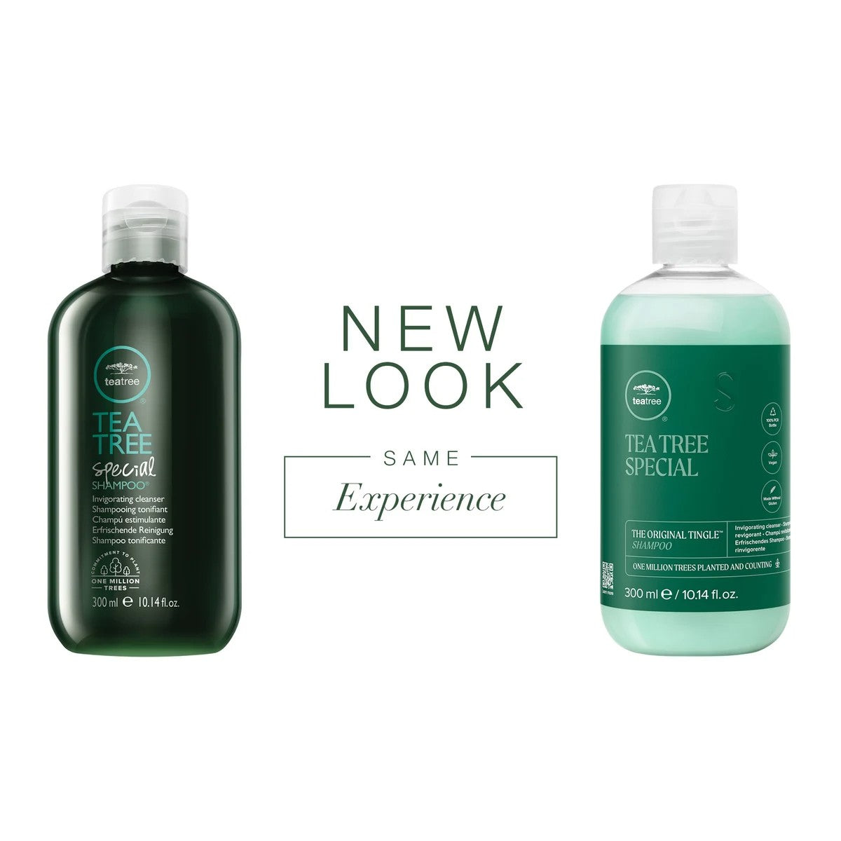 Two bottles of Paul Mitchell Tea Tree Special shampoo with text 'New Look Same Experience' on a white background.