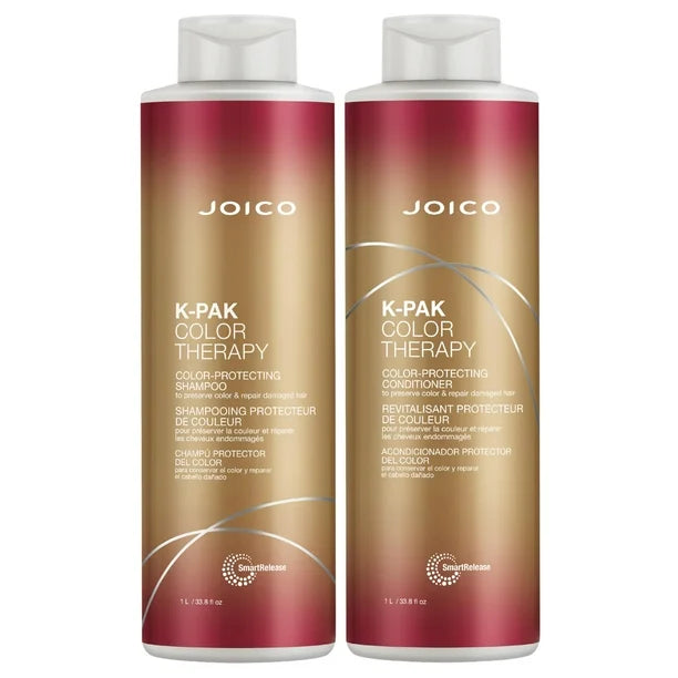 Two bottles of Joico K-Pak Color Therapy shampoo and conditioner on a white background