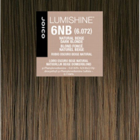 A hair color swatch card showing straight dark beige-blonde hair strands with a central label reading 'LUMISHINE 6NB (6.072)' and 'JOICO'.
