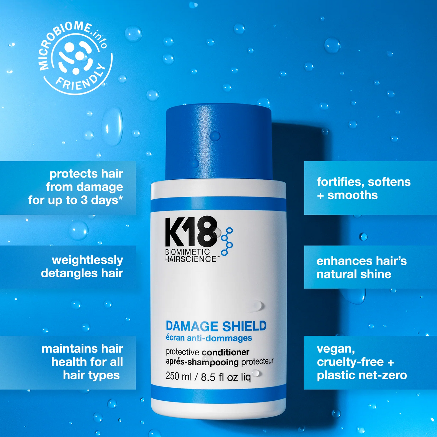 K18 Damage Shield hair product bottle on a blue background with text highlighting benefits.