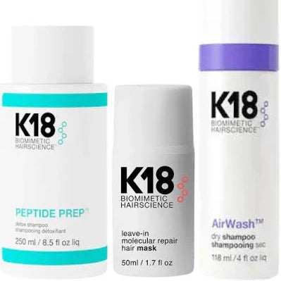 Three K18 hair care products on a white background