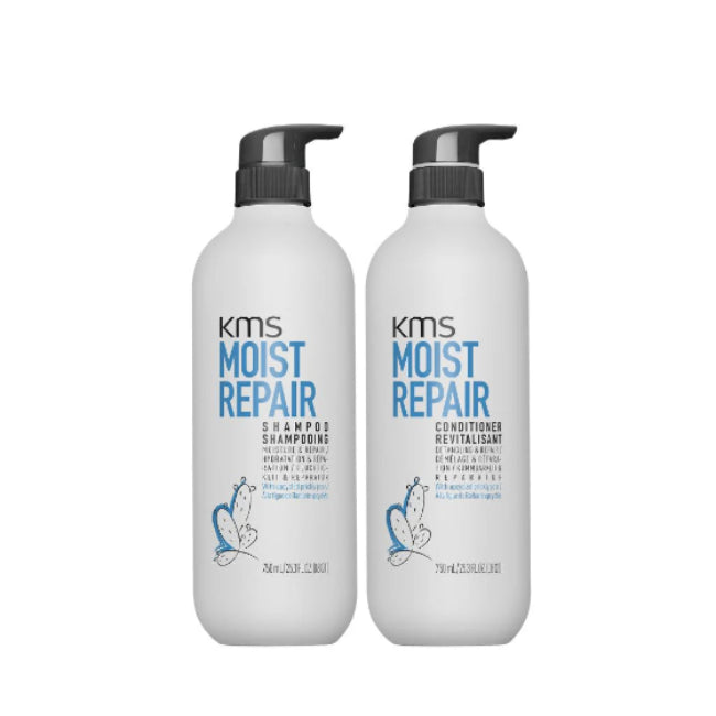 Two bottles of KMS Moist Repair shampoo and conditioner on a white background