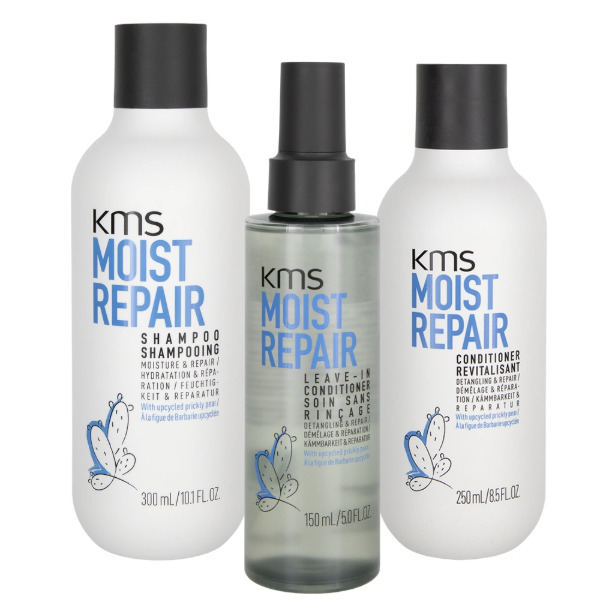 KMS Moist Repair shampoo, leave-in conditioner, and conditioner bottles on a white background