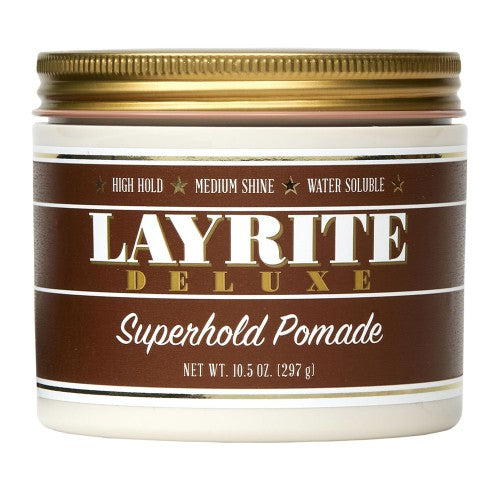 Jar of Layrite Deluxe Superhold Pomade with gold lid on a white background