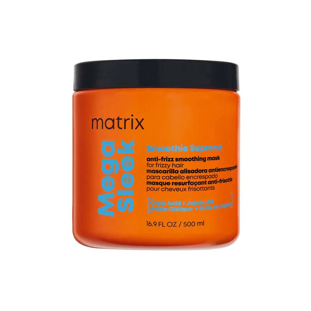 Matrix Mega Sleek Smoothie Superwrap anti-frizzy smoothing mask in a bright orange jar with a black lid, on a white background.