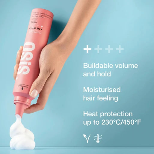 Hand holding a pink hair product with text on a blue background