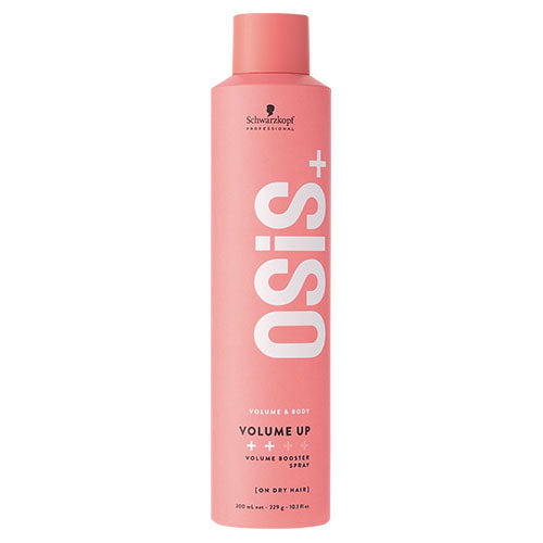 Pink bottle of Osis Volume Up Volume Booster Spray on a white background