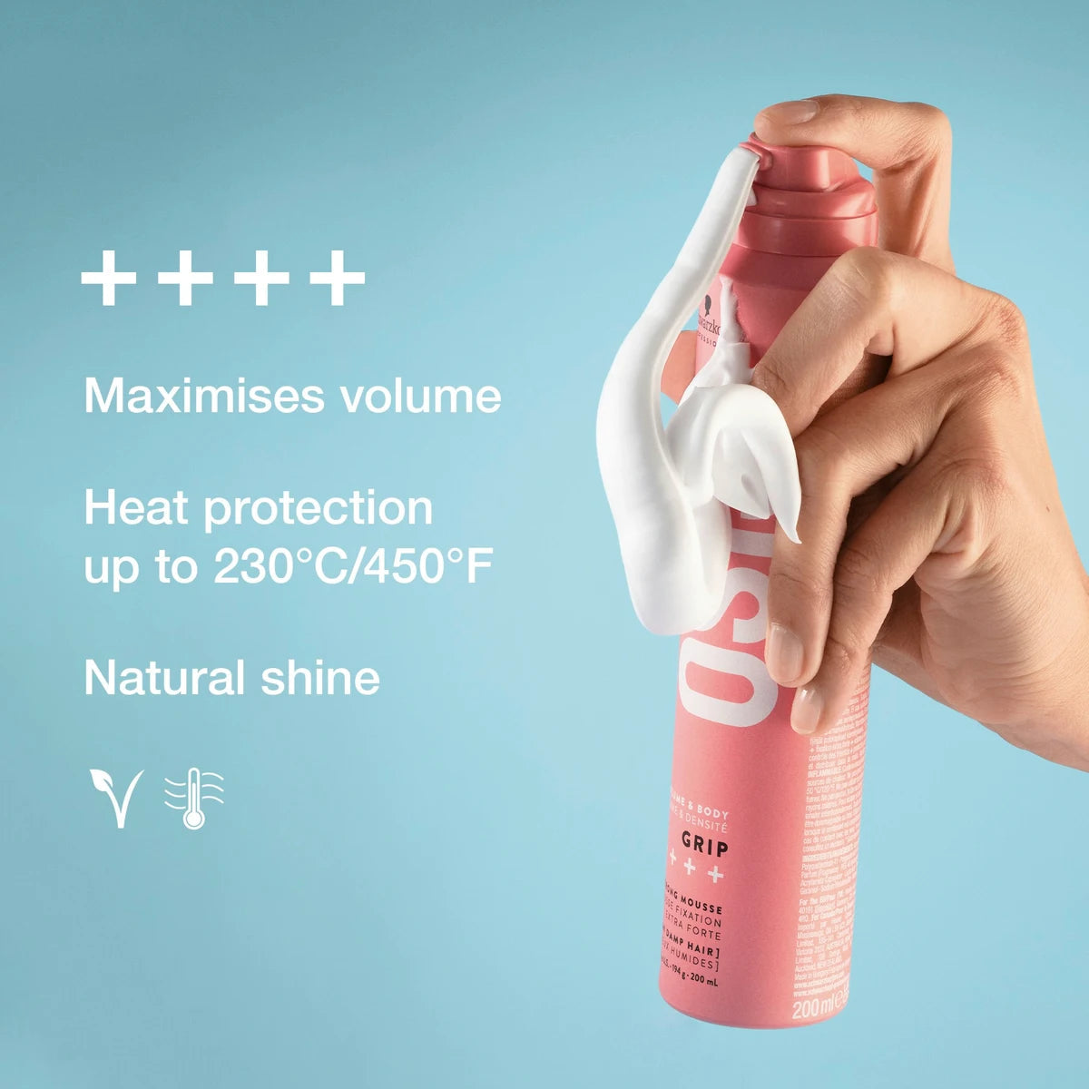 Hand holding a pink hair product with text on a blue background