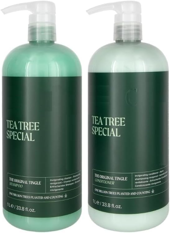 Two bottles of Tea Tree Special shampoo and conditioner on a white background