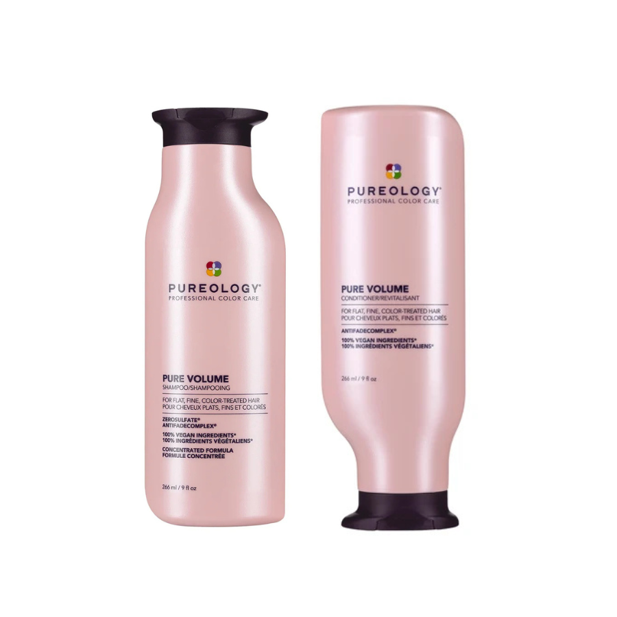Two Pureology hair care bottles on a white background