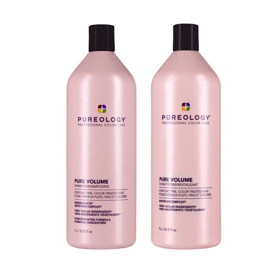 Two bottles of Pureology Pure Volume shampoo and conditioner on a white background