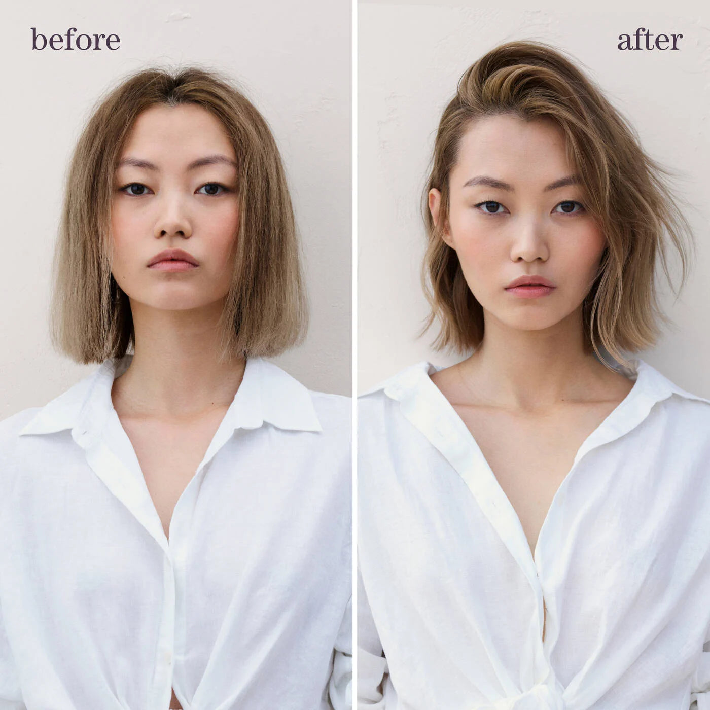 Before and after comparison of a person with a white shirt against a neutral background