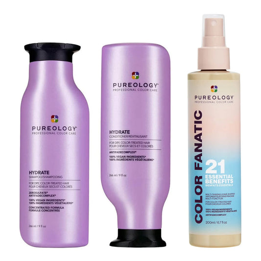 Pureology Hydrate shampoo and conditioner retail size with a bottle of Color Fanatic 200ml spray hair care products