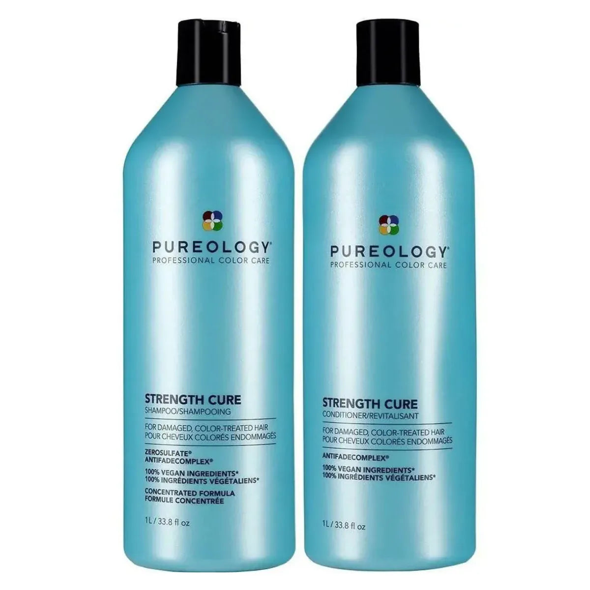 Two bottles of Pureology Strength Cure shampoo and conditioner on a white background