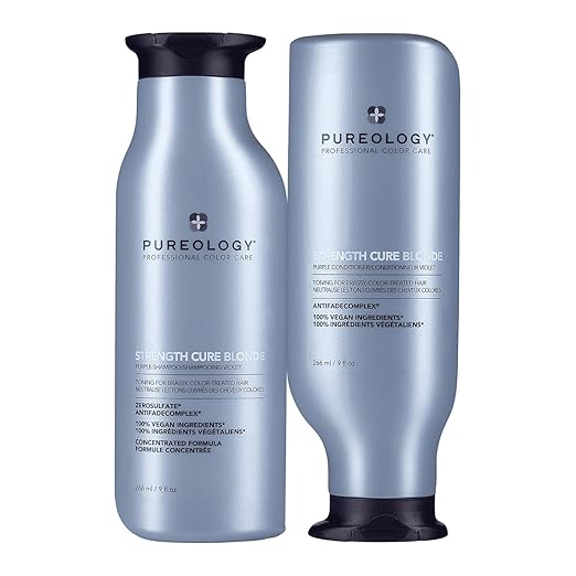 Two bottles of Pureology strength cure blonde hair care product duo on a white background
