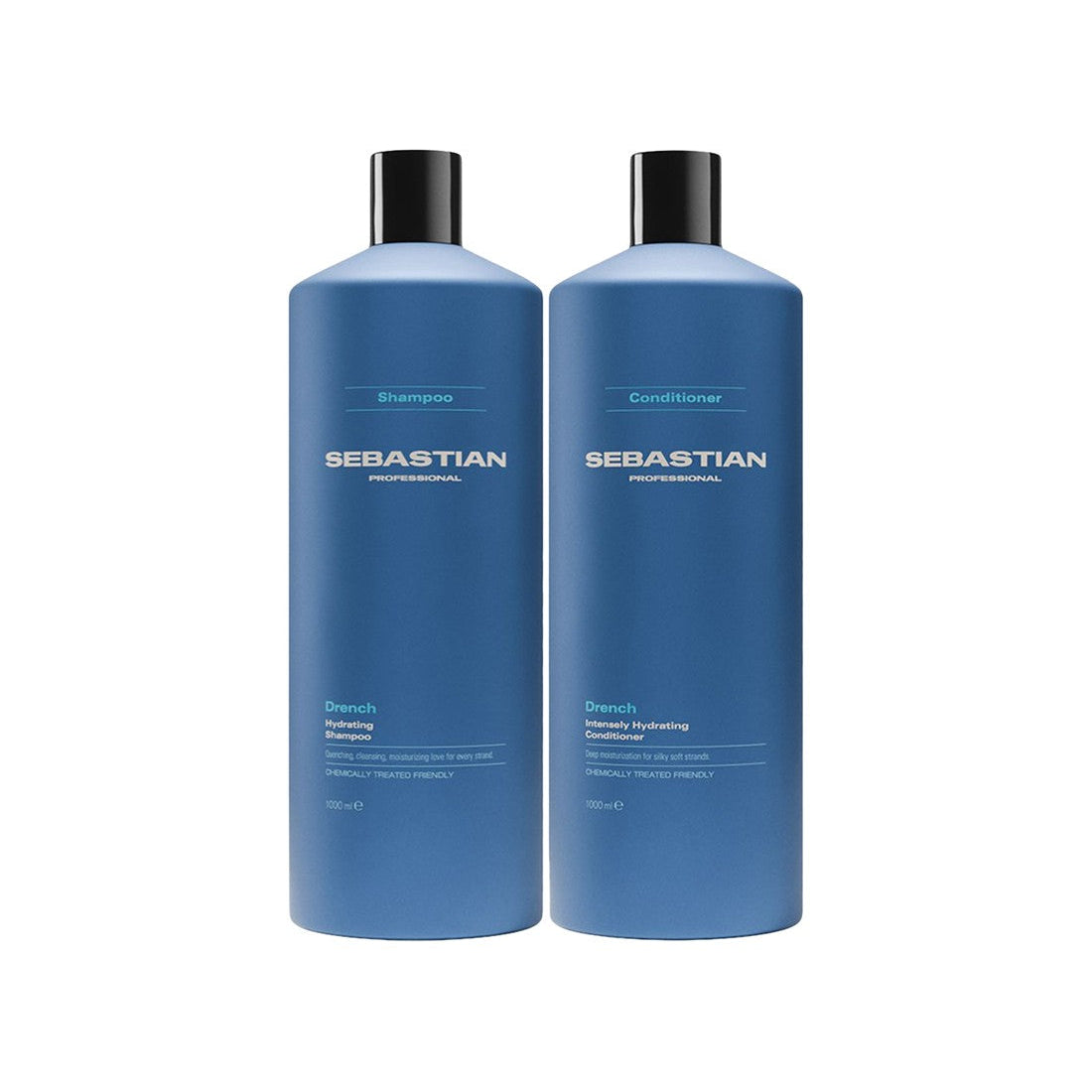 Two blue Sebastian Professional shampoo and conditioner bottles with black caps, shown side by side on a plain white background.