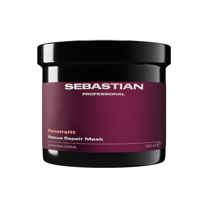 Sebastian Professional Penetraitt Rescue Repair Mask in a 500 ml black jar with a deep burgundy label, shown on a plain white background.