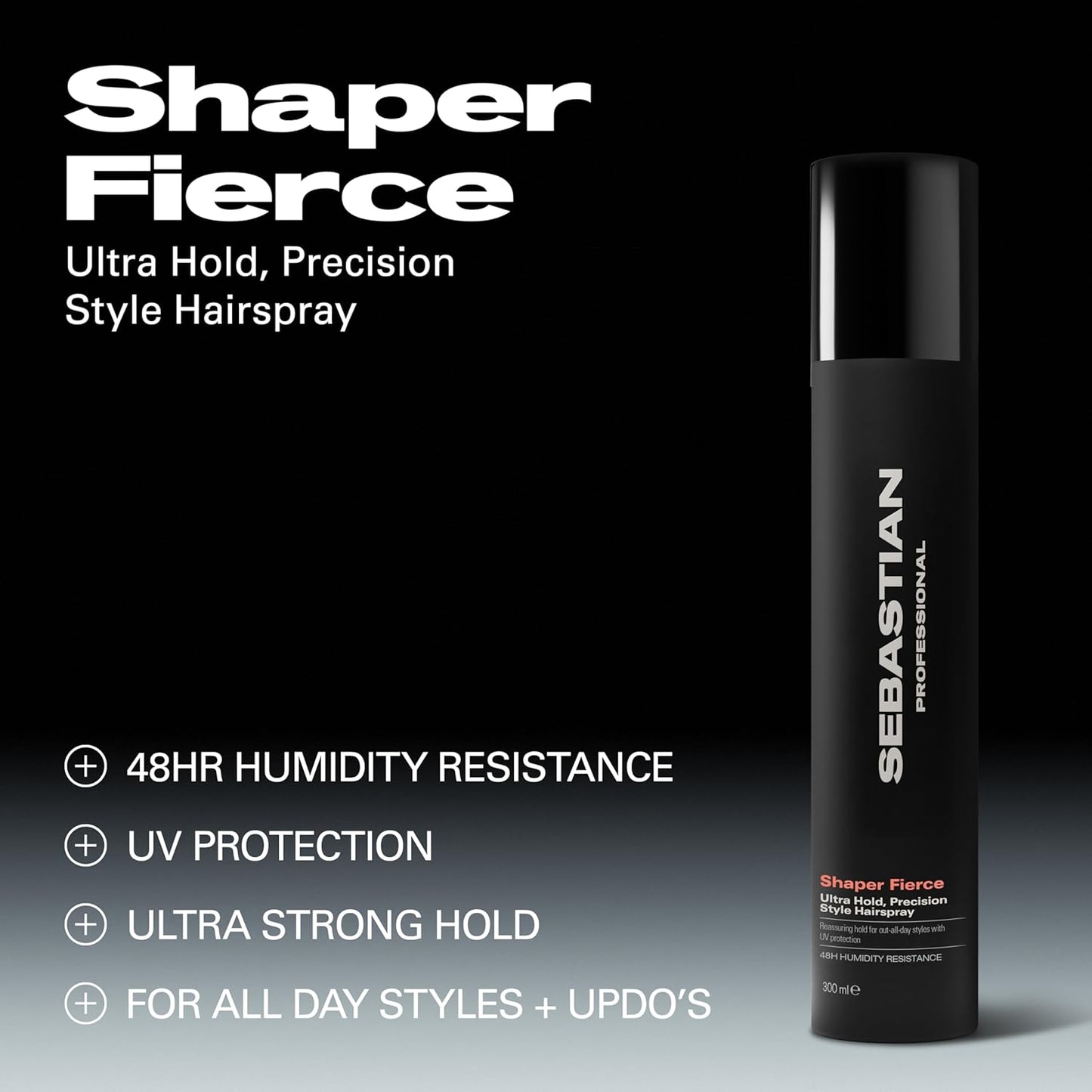 Sebastian Professional Shaper Fierce hairspray bottle with product details on a black and gray background