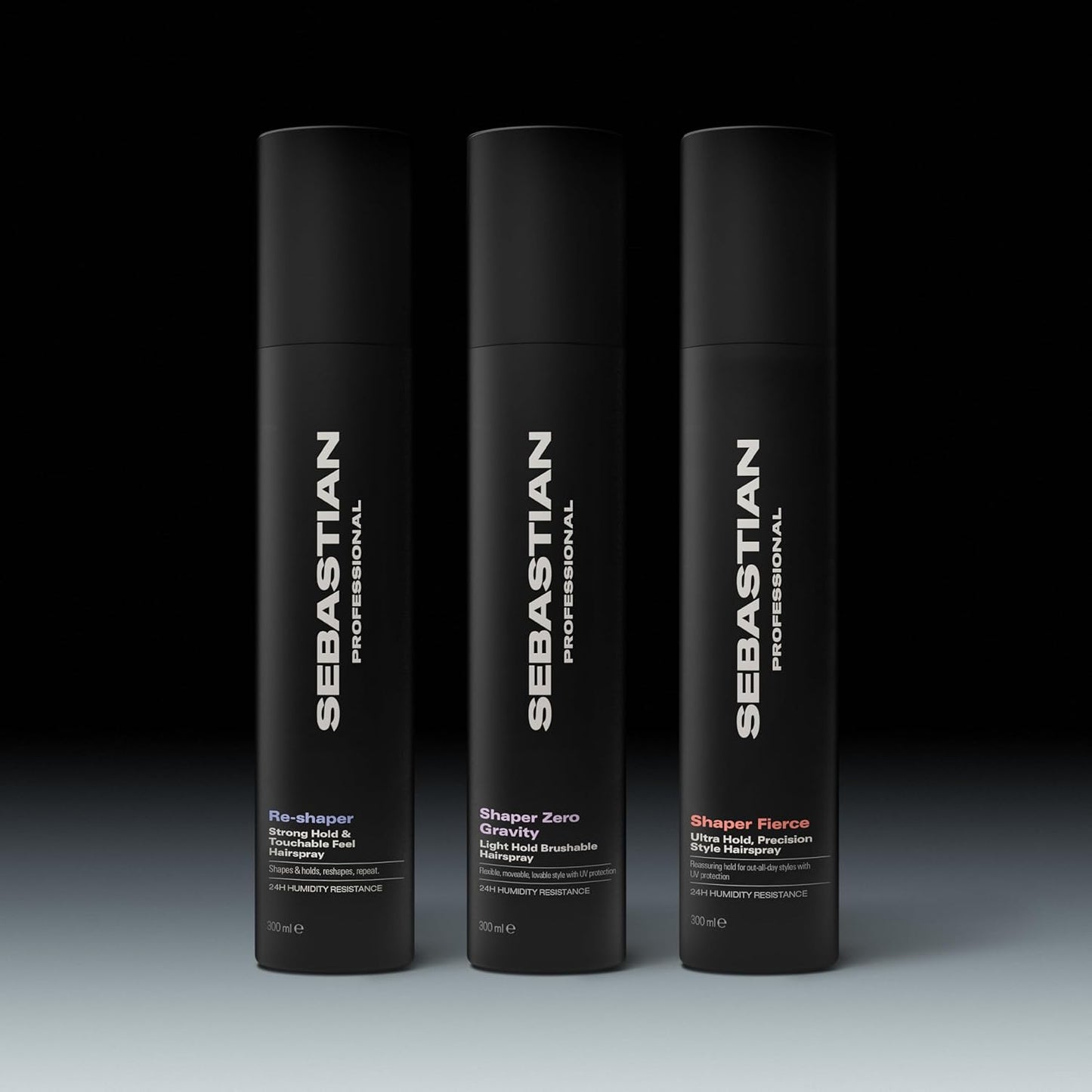 Three different bottles of Sebastian Professional hair products on a gradient background