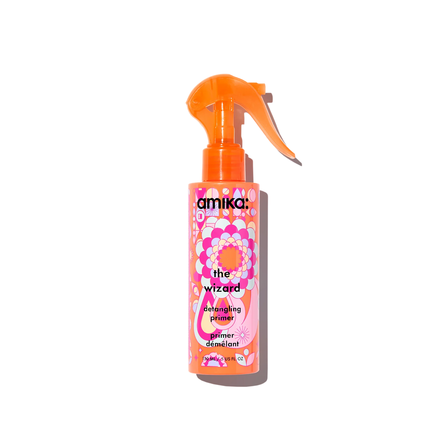 Amika hair product spray bottle with colorful label on a white background