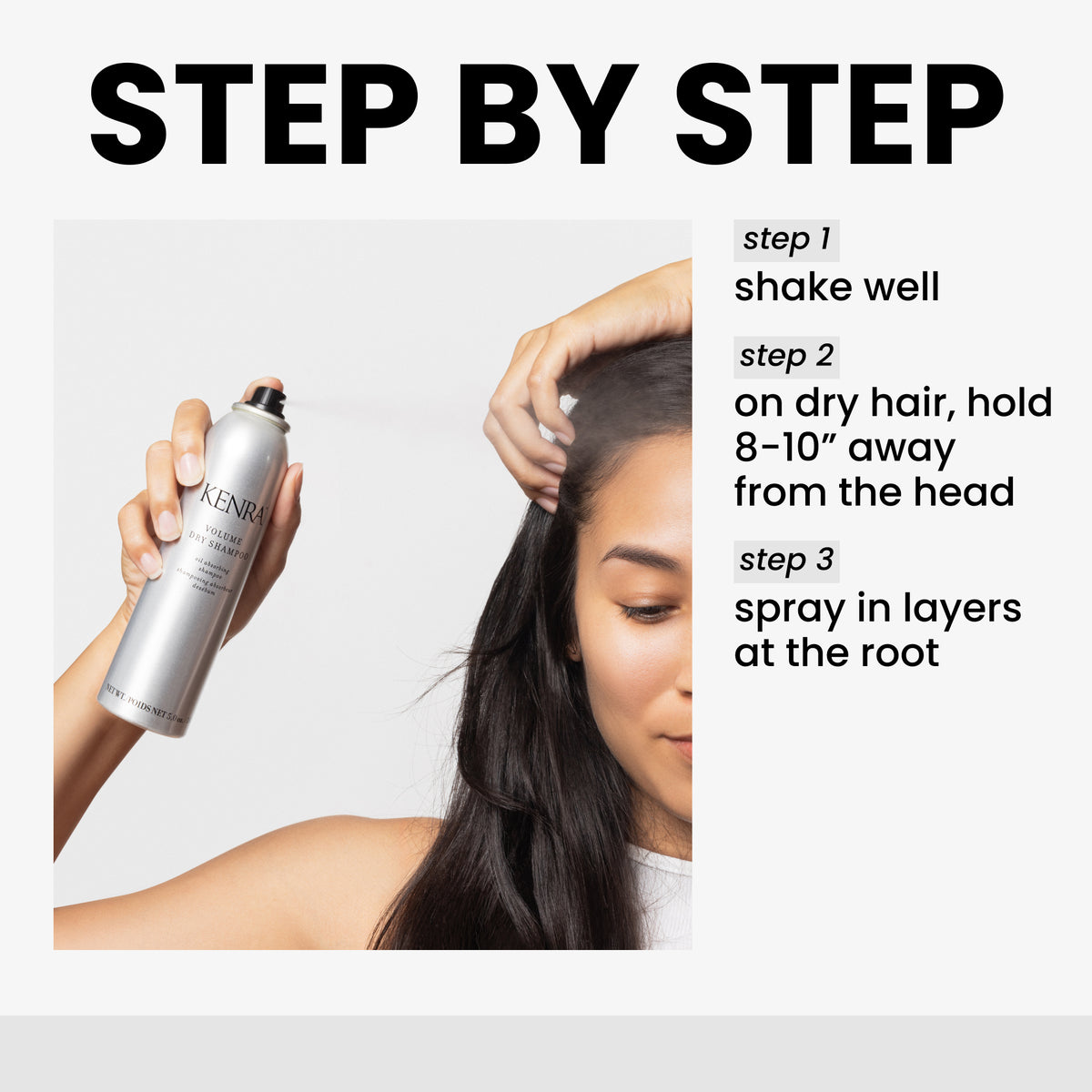 Person using a hair spray can with text instructions on a white background
