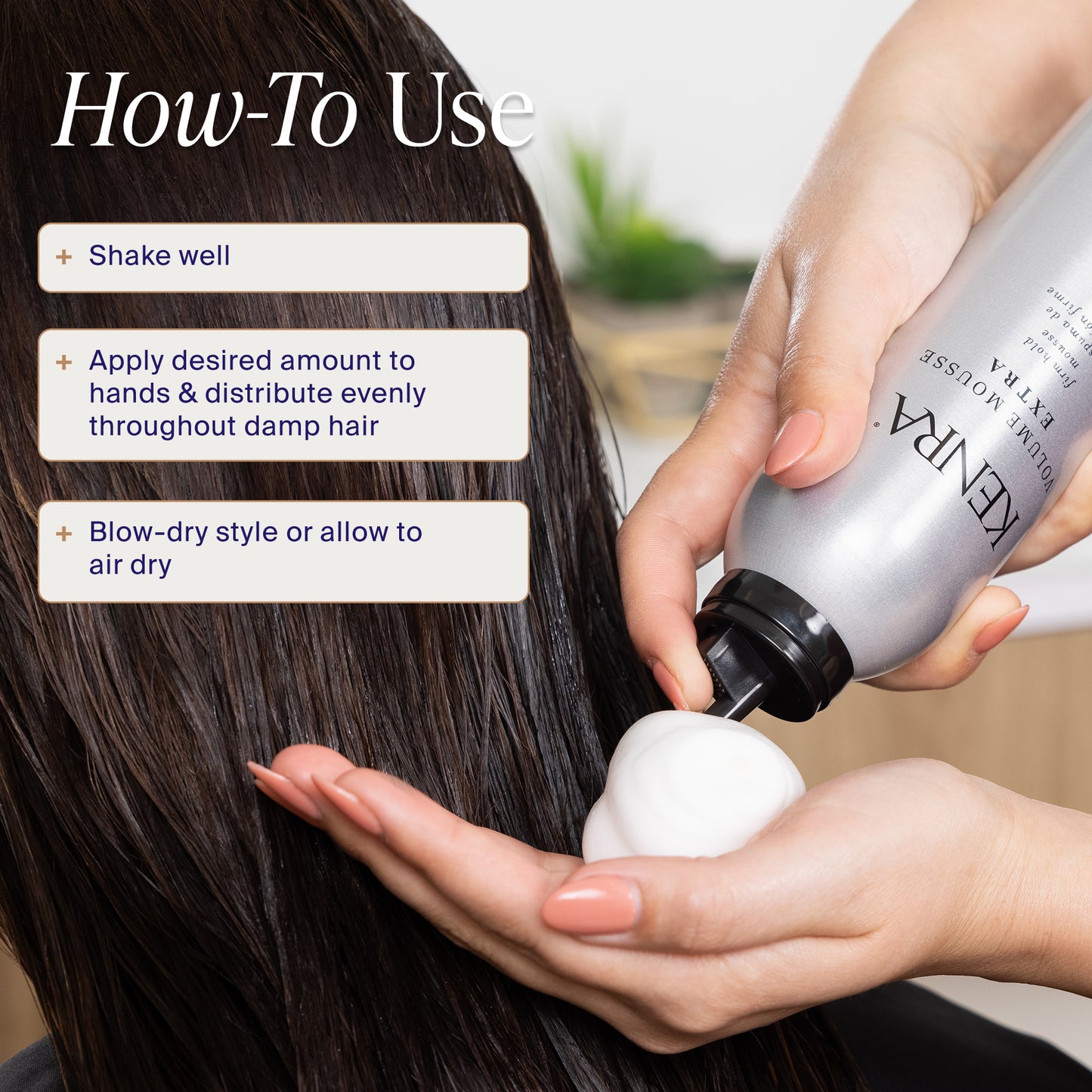 Person applying hair product with text on how to use it