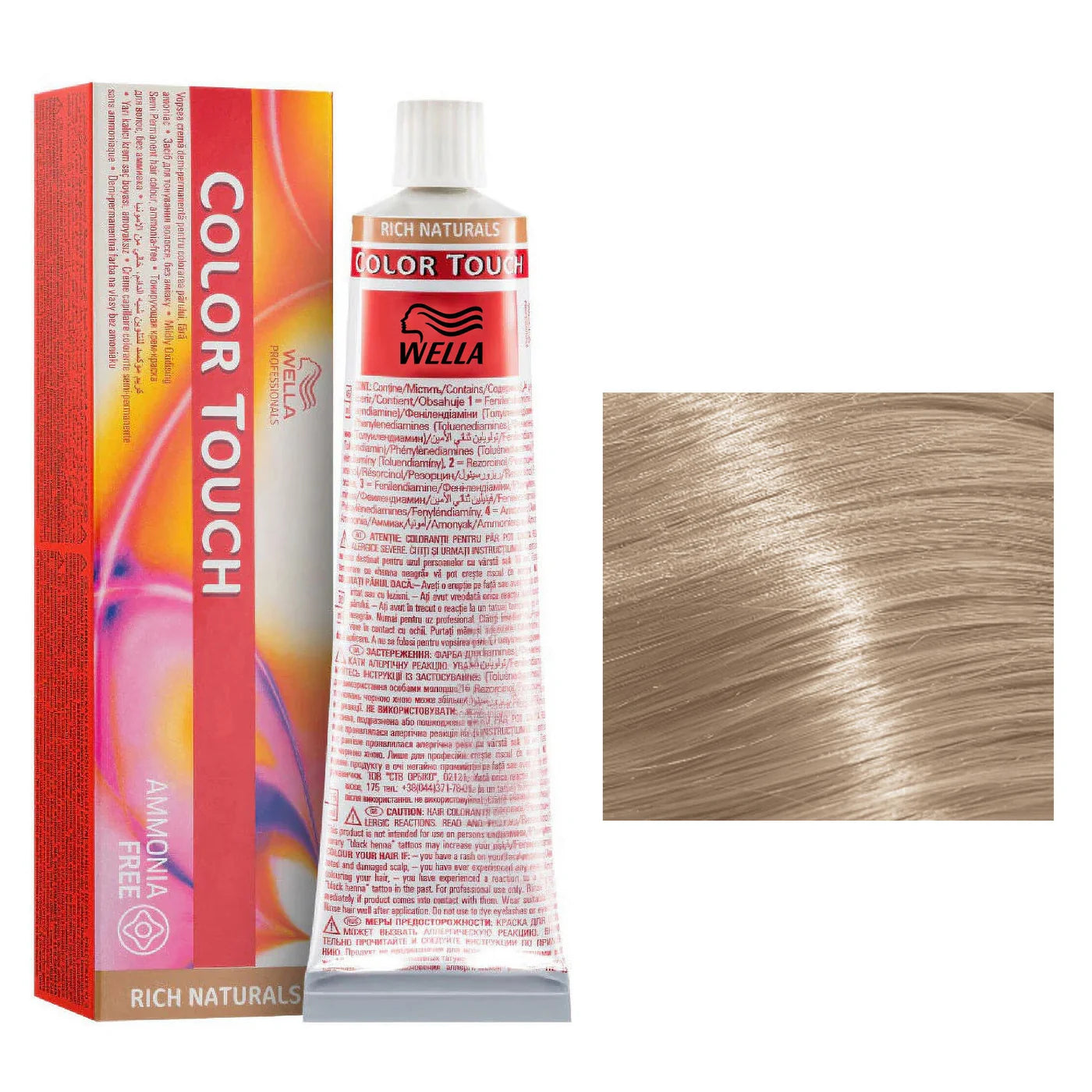 Wella Color Touch hair dye tube and box in a light ash blonde shade, shown next to a hair swatch on a white background.