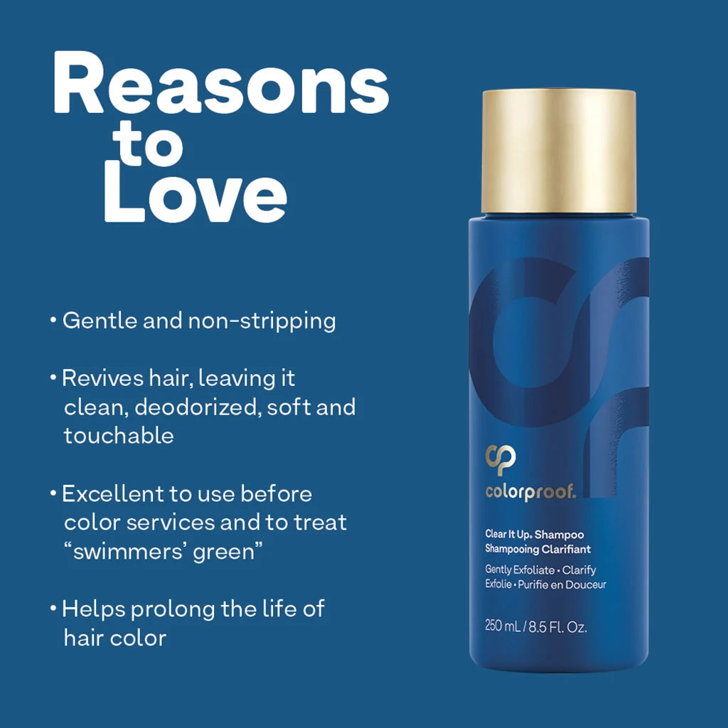 Blue shampoo bottle with gold cap on a blue background with text about product benefits.