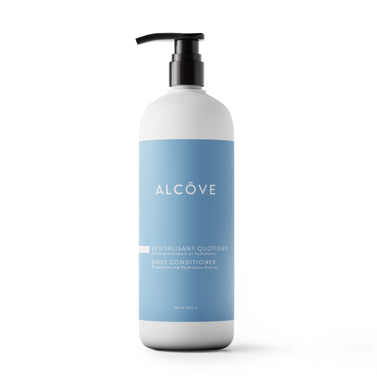 Bottle of Alcove daily conditioner with pump on a white background