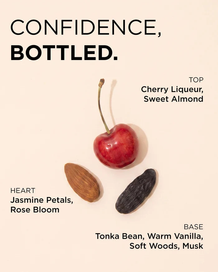 A minimalist product graphic on a warm cream background with the text 'CONFIDENCE, Bottled.' and ingredient callouts around a single red cherry, an almond, and a dark brown bean.