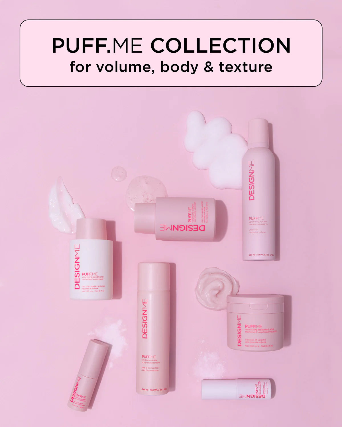 Collection of hair care products from the PUFF.ME collection on a pink background