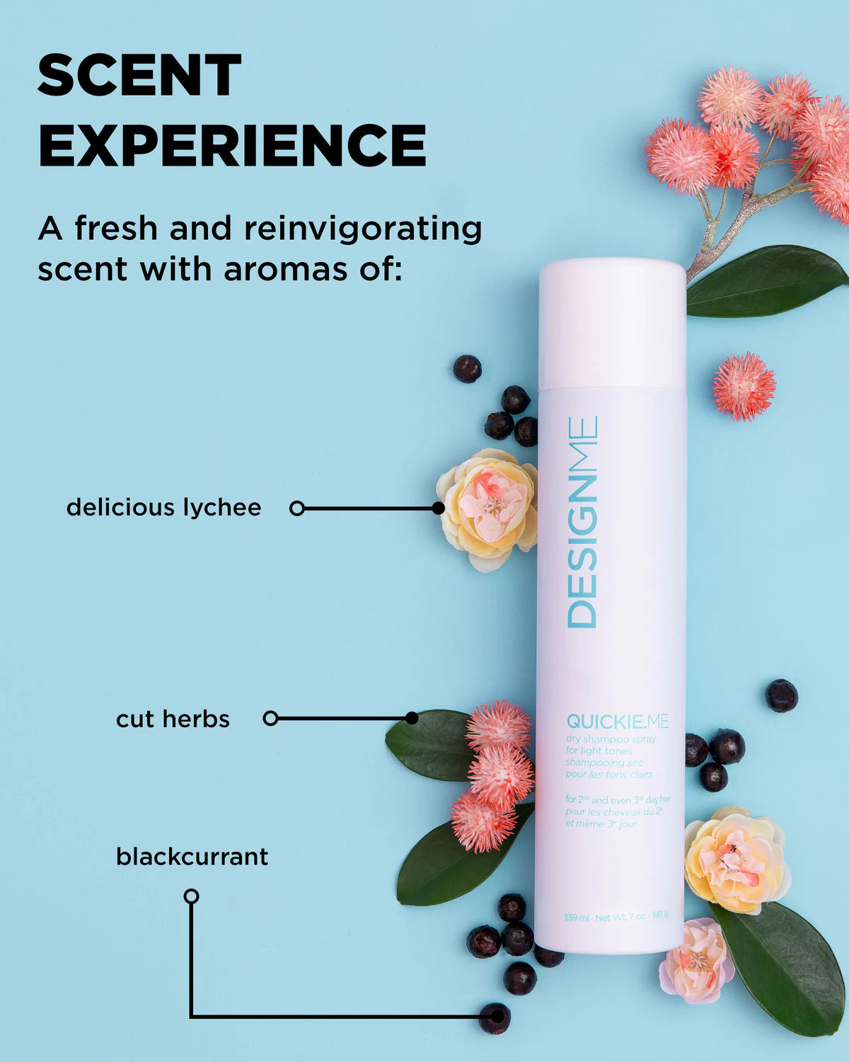 DESIGNME hair product with scented elements on a blue background
